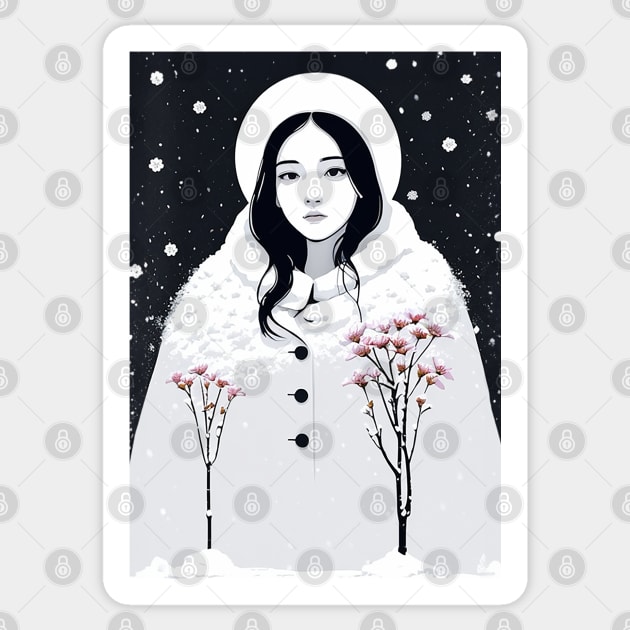 A woman with flowers in winter Sticker by CursedContent